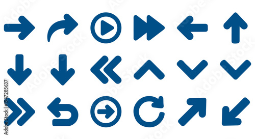 A collection of various blue arrow icons on a Transparent Background for navigation and direction