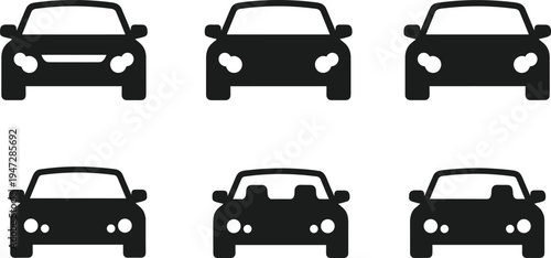 Car silhouettes grid illustration, vehicle front design variations vector art, automotive concept comparison, transportation representation, convertible icons