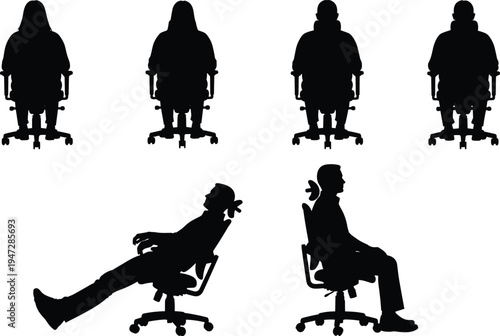 Office chair sitting postures, ergonomic seating silhouettes, workplace design vector illustration, modern furniture, health, comfort, productivity inspiration