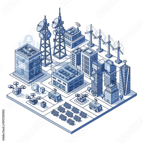 Isometric Smart City Illustration - Sustainable Technology and Modern Infrastructure.