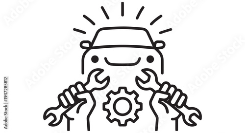 A smiling cartoon mechanic with tools and a gear in a happy and satisfied expression