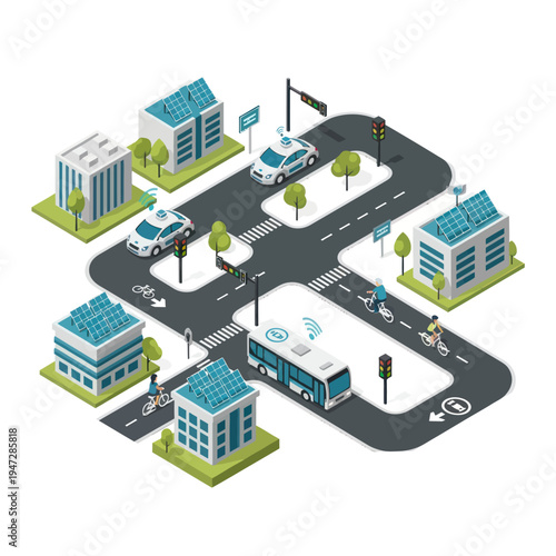 Isometric Smart City Illustration with Autonomous Vehicles and Green Infrastructure.