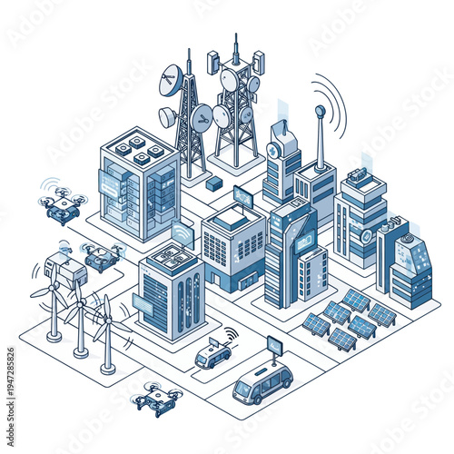 Isometric Smart City Illustration with Connected Infrastructure and Technology.
