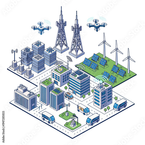 Isometric Smart City Illustration with Renewable Energy and Advanced Technology.