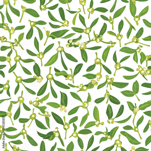 Green mistletoe branches on white background seamless pattern design