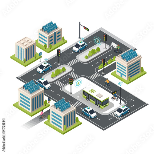 Isometric Smart City Intersection with Electric Vehicles and Solar Buildings.