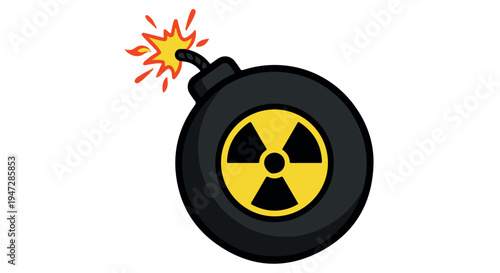 A cartoon illustration of a nuclear bomb with a yellow and black radiation symbol exploding