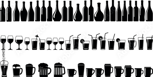 Black silhouette vector illustration of drinkware and bottles, wine glasses, cocktail tumblers, beer mugs, beverage container artwork design