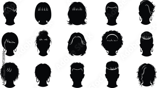 Black hairstyle silhouettes collection, diverse haircuts, modern fashion illustration, vector design for beauty, barber, salon, style inspiration