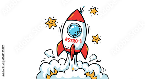 A cartoon rocket ship blasting off into the sky with stars and clouds