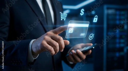 Businessman making secure payment with credit card and virtual interface.