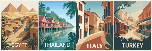 Sunlit streets glow with charm and warmth. Egypt's pyramids stand tall against golden sands. Thailand's waterways reflect lush green palms. Italy's cobblestones lead past sun-kissed shops