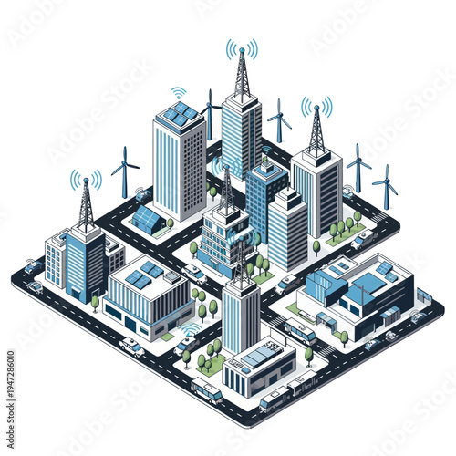 Isometric Smart City with Renewable Energy and Advanced Technology.