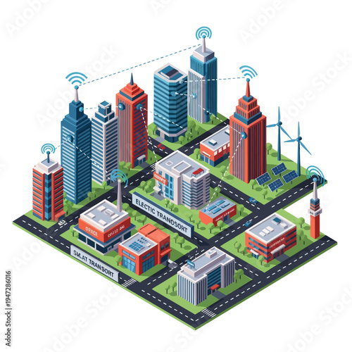 Isometric Smart City with Connected Buildings and Renewable Energy.