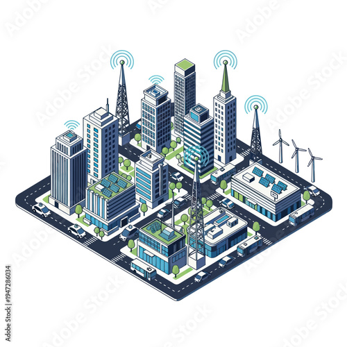 Isometric Smart City Illustration with Connectivity and Sustainable Energy.