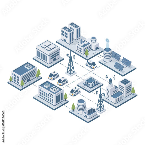 Isometric Smart City Network with Connected Buildings and Vehicles.