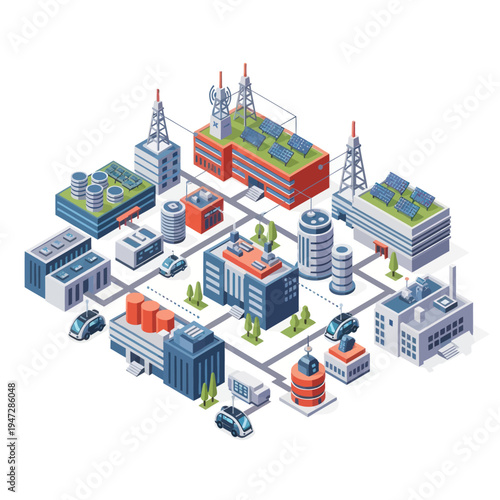 Isometric Cityscape Illustration with Modern Buildings and Infrastructure.