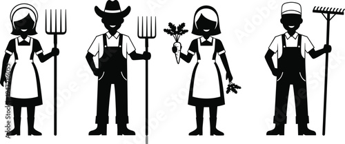 Cartoon farmer silhouettes with pitchfork, rake, carrots, cowboy hat, apron, overalls, male and female agricultural worker vector illustration design