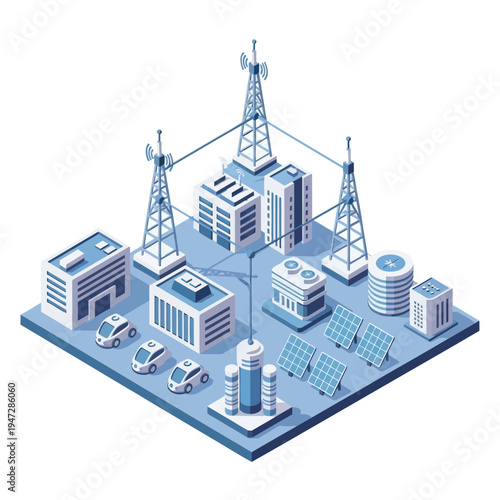 Isometric Smart City Infrastructure with Renewable Energy and Connectivity.