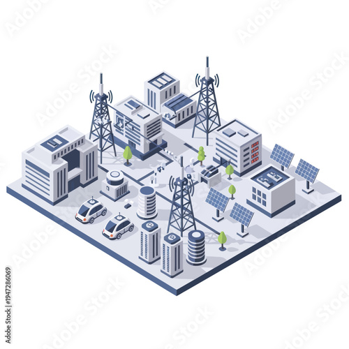 Isometric Smart City Illustration - Sustainable Technology and Modern Infrastructure.