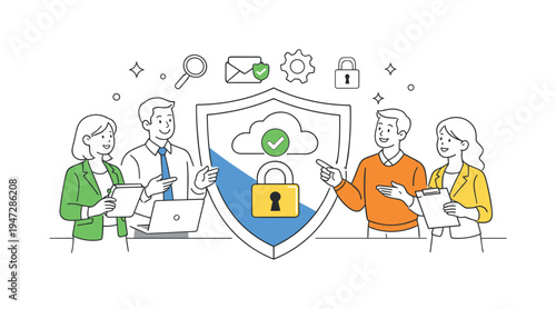 A business team strengthening digital security awareness while protecting valuable company data, standing around a large shield integrated with a simple lock icon and a secure cloud symbol