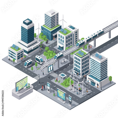 Isometric Smart City Illustration - Sustainable Urban Living and Modern Transportation.