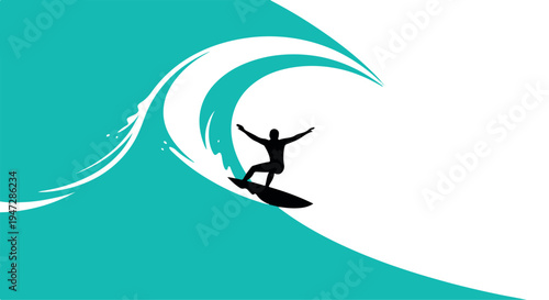A surfer rides a large wave on a sunny day with arms outstretched in triumph
