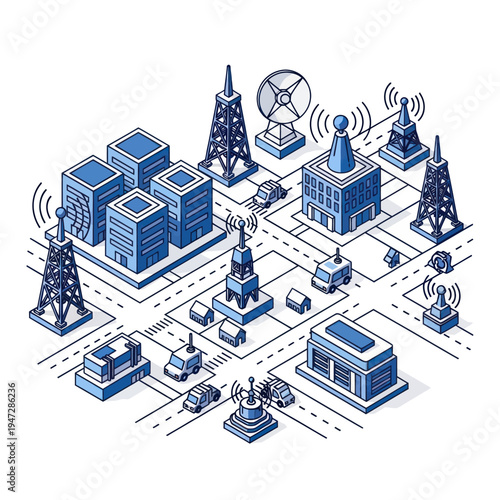 Isometric Cityscape with Communication Towers and Autonomous Vehicles.