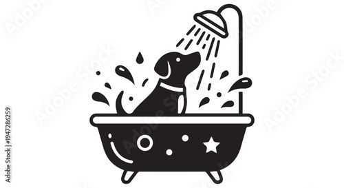 A dog is taking a bath in a bathtub with water splashing everywhere around it.