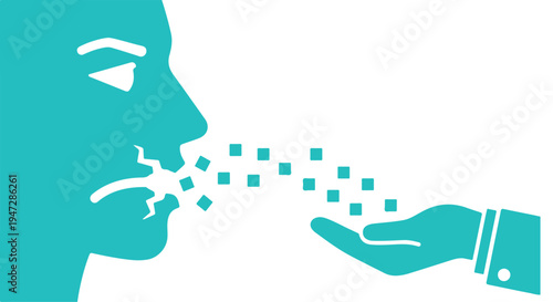 A person blowing small squares from their mouth into an outstretched hand in a Transparent Background