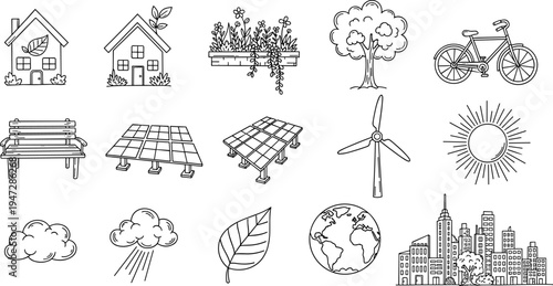 Collection of hand-drawn icons representing eco-friendly living and sustainability concepts