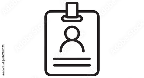 A simple black and white icon of an identification badge with a persons silhouette