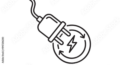 A black and white illustration of an electric plug with a circular arrow and lightning bolt symbol