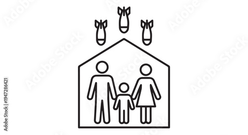 A simple line drawing of a family with a house and horses above them.