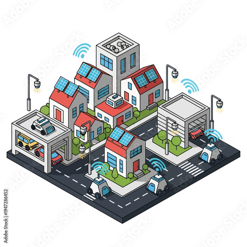 Isometric Smart City with Autonomous Vehicles and Solar Panels.