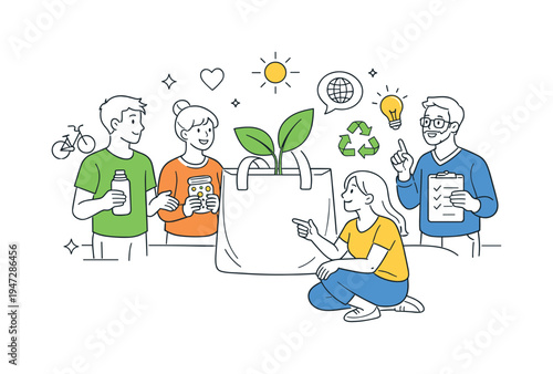A diverse group of people adopting eco-friendly lifestyle habits and discussing responsible consumption choices in everyday life, gathered around a large reusable shopping bag with a growing