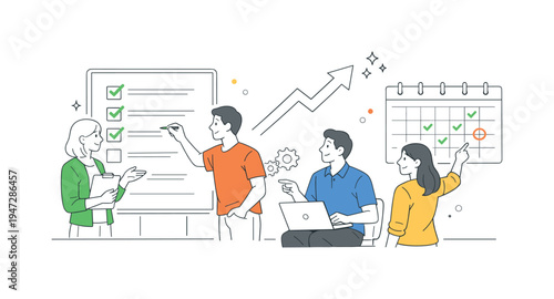 Team collaborating on a project checklist and calendar with growth chart. A diverse team works together on tasks, planning, and strategy, visualizing progress and success with a