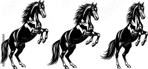 Horse silhouette vector illustration, rearing posture, dynamic motion artwork, strength and power design, creative animal background concept