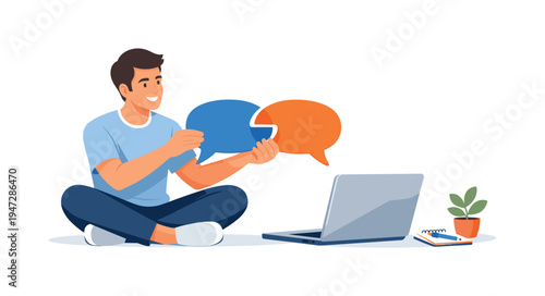 Man with laptop and speech bubbles, symbolizing communication and online interaction. A young man sits cross-legged with a laptop, holding two colorful speech bubbles, representing