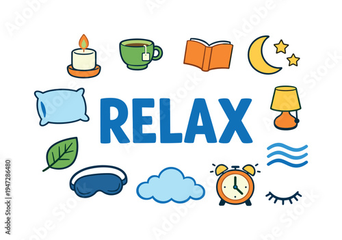 Relaxation icons and the word RELAX, promoting calm and peaceful moments. A collection of charming cartoon icons symbolizing relaxation, including a candle, tea, book, moon, stars