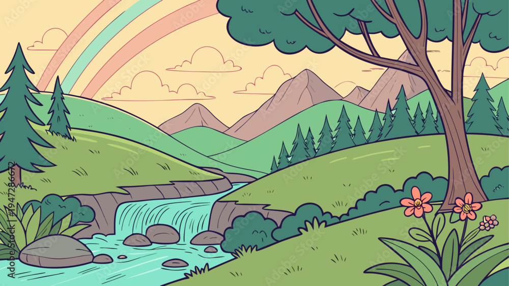 Naklejka premium Vector illustration of a serene landscape with rainbow, mountains, and waterfall