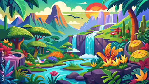 Vibrant tropical landscape with waterfall and lush vegetation vector illustration