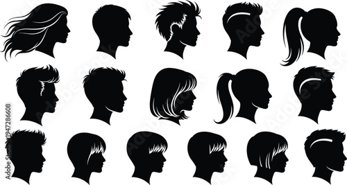 Profile silhouette illustration of human heads with diverse hairstyles, black vector design showing male and female haircut styles