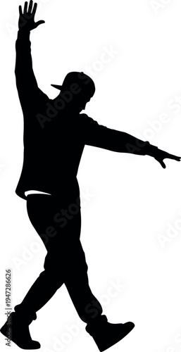 Dynamic dancer silhouette vector illustration featuring energetic pose, casual clothing, expressive movement, stylish cap, creative artwork for design