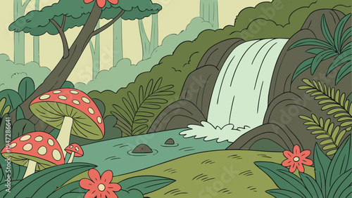 Vector illustration of a tropical forest with waterfall and mushrooms