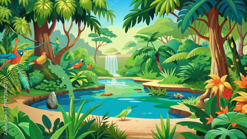 Vector tropical jungle landscape with waterfall and river