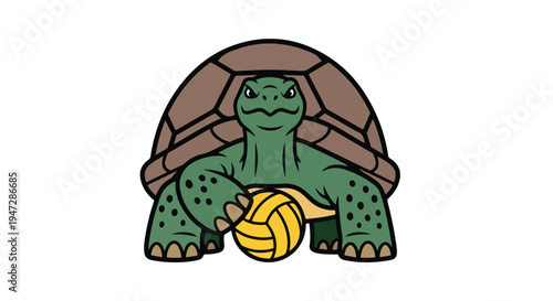 A cartoon turtle holding a volleyball against a clean white background with a playful mood.