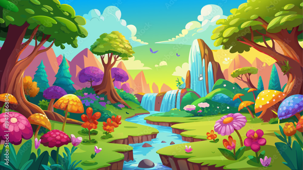 Obraz premium Vector illustration of a colorful cartoon landscape with trees, flowers, and waterfall