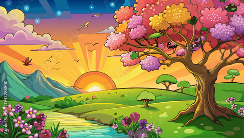 Colorful cartoon landscape, scenic view, sunset, blooming tree, nature background