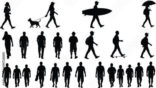 Black silhouette vector illustration of people walking in diverse scenarios, dog walking, surfboard, umbrella, skateboard, backpacks, pairs and groups